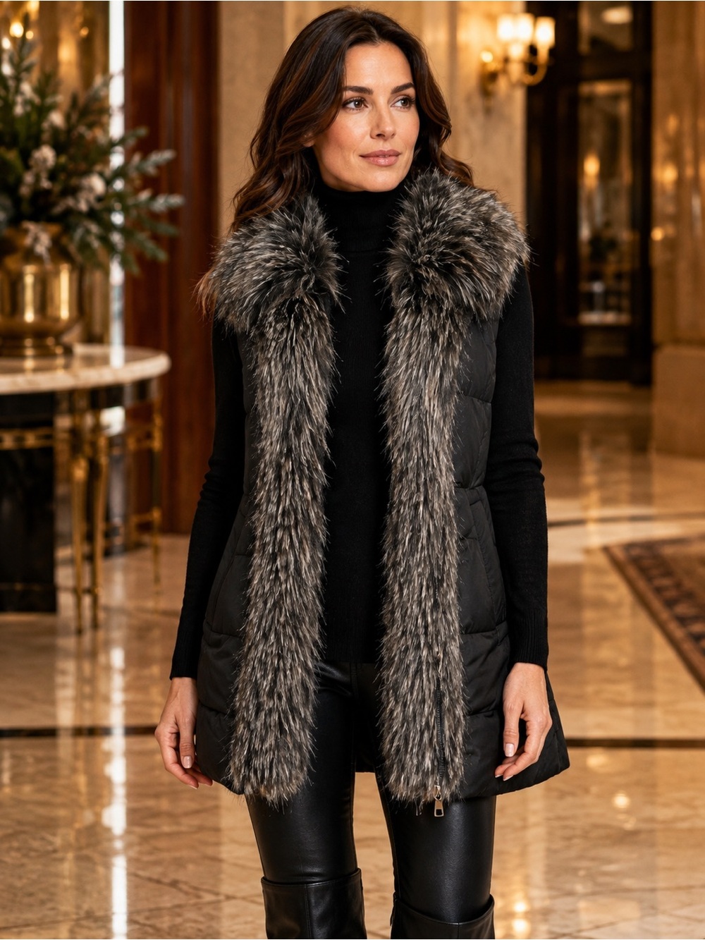 Parkhurst Faux Fur Trim Quilted Puffer Vest Black Women’s M Glam Winter